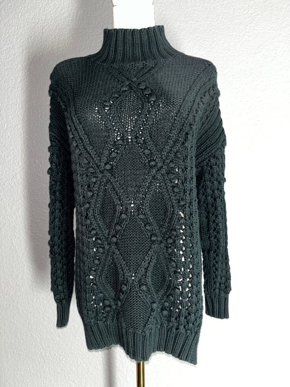 525 AMERICA Popcorn Cable Knit Hunter Green Cotton Chunky Fisherman Sweater - XS